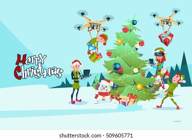 Green Elf Group Decoration Christmas Tree With Drone Wear Virtual Reality Glasses New Year Greeting Card Flat Vector Illustration