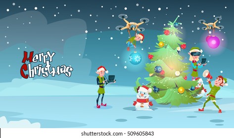 Green Elf Group Decoration Christmas Tree With Drone Wear Virtual Reality Glasses New Year Greeting Card Flat Vector Illustration