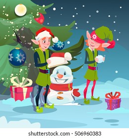 Green Elf Group Making Snowman Near Decorated Pine Tree Merry Christmas Happy New Year Banner Flat Vector Illustration