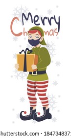 green elf guy in uniform holding gift box male cartoon character santa helper happy new year merry Christmas holidays celebration concept. Year background template. Merry Christmas and Happy New Year 