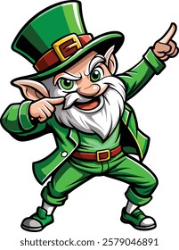 A green elf with a green hat and beard is pointing to the right