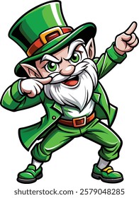 A green elf with a hat and beard pointing to the right