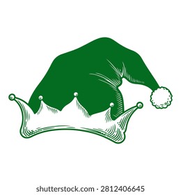 A green elf hat featuring a white pom pom and a decorative crown, perfect for holiday celebrations and Christmas festivities.
