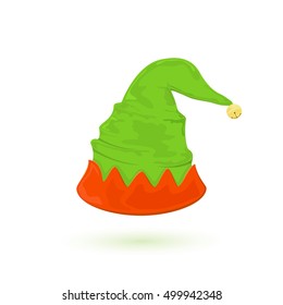 Green elf hat isolated on white background, Christmas costume, illustration.