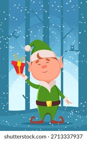A green elf holding a red present