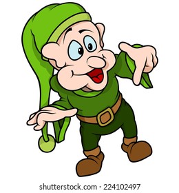 Green Elf Pointing - Colored Cartoon Illustration, Vector