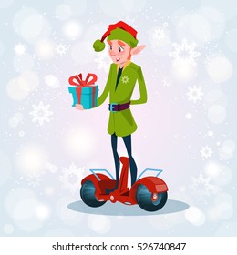 Green Elf Ride Electric Scooter Christmas Holiday Happy New Year Greeting Card Flat Vector Illustration