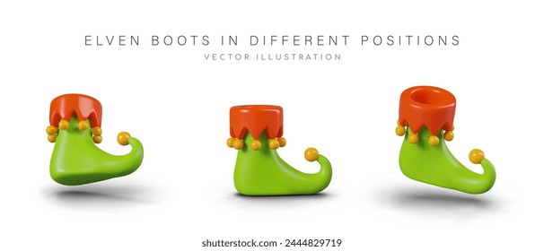 Green elf shoe in different positions. Decorated shoes of fairy creatures