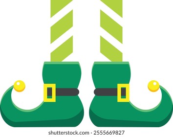 Green elf shoes with curled toes and golden buckles are paired with striped socks, creating a festive image perfect for christmas celebrations and holiday cheer