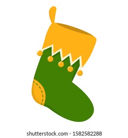 Green elf stocking vector isolated. Christmas sock, decoration element. Traditional wear, hanging at home.