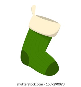 Green elf stocking vector isolated. Christmas sock, decoration element. Traditional wear, hanging at home.