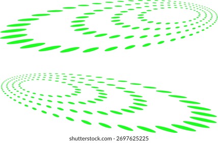 Green elliptical dot patterns forming dynamic swirling waves on a clean white background, creating a modern abstract motion effect ideal for tech, digital, and graphic design themes.
