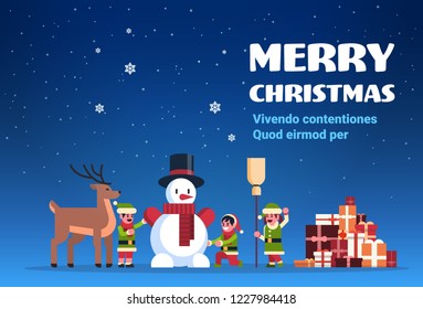 green elves group making snowman merry christmas happy new year concept snowfall blue background flat horizontal vector illustration