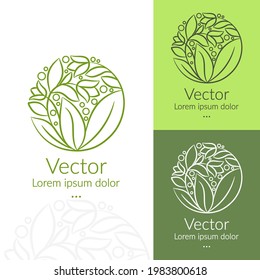 Green emblem with flowers in a circle shape. Can be used for jewelry, beauty and fashion industry. Great for logo, monogram, invitation, flyer, menu, background, or any desired idea.