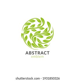Green emblem with leaves in a circle shape. Can be used for jewelry, beauty and fashion industry. Great for logo, monogram, invitation, flyer, menu, background, or any desired idea.