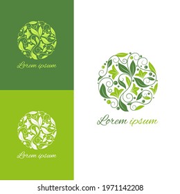 Green emblem with leaves in a circle shape. Can be used for jewelry, beauty and fashion industry. Great for logo, monogram, invitation, flyer, menu, background, or any desired idea.