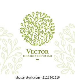 Green emblem with leaves in a circle shape. Can be used for jewelry, beauty and fashion industry. Great for logo, monogram, invitation, flyer, menu, background, or any desired idea.