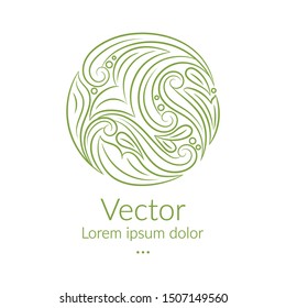 Green emblem with a linear splash ornament in a circle shape. Can be used as monogram and logo. Luxury vintage vector template with elegant elements. Great for wallpaper or background decoration.