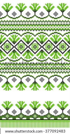 Green embroidered good like handmade cross-stitch ethnic Ukraine pattern. Spring color for St Patrick day. Traditional Ukrainian folk art pattern - vyshyvanka called