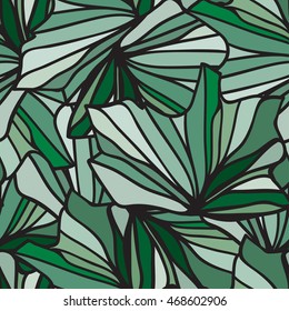 Green emerald and black abstract seamless vector pattern. Freehand drawn texture of wavy flowery ornament, dynamic lines different line weight contours. Monochrome ornament in shades tints of green.