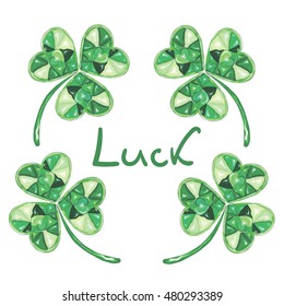 Green emerald. Circle of clover leaves, inscription good luck on a white background. Imitation of watercolor. 