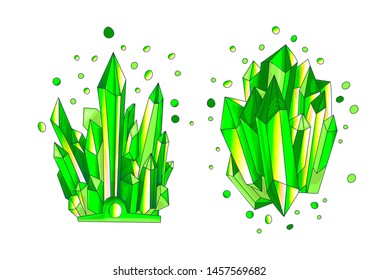 Green emerald crystal, cartoon cute vector Quartz illustration. Quartz Crystal druse, green princess grain and crown on white. Cartoon bright green cute semiprecious stones of Quartz