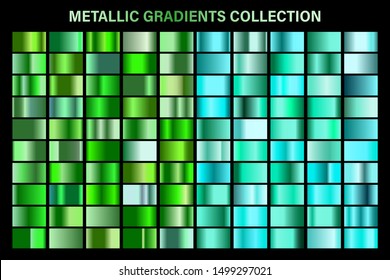 Green, emerald glossy gradient, metal foil texture. Color swatch set. Collection of high quality vector gradients. Shiny metallic background. Design element.