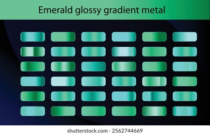 Green, emerald glossy gradient, metal foil texture. Color swatch set. Collection of high quality gradients. Shiny metallic background. Design element. Vector illustration