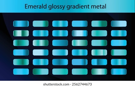 Green, emerald glossy gradient, metal foil texture. Color swatch set. Collection of high quality gradients. Shiny metallic background. Design element. Vector illustration