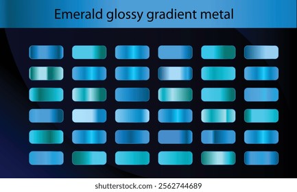 Green, emerald glossy gradient, metal foil texture. Color swatch set. Collection of high quality gradients. Shiny metallic background. Design element. Vector illustration