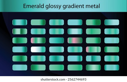 Green, emerald glossy gradient, metal foil texture. Color swatch set. Collection of high quality gradients. Shiny metallic background. Design element. Vector illustration