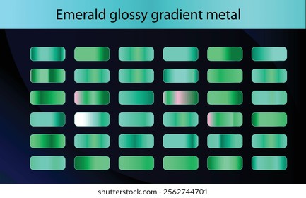 Green, emerald glossy gradient, metal foil texture. Color swatch set. Collection of high quality gradients. Shiny metallic background. Design element. Vector illustration