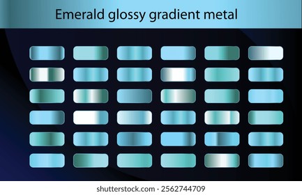 Green, emerald glossy gradient, metal foil texture. Color swatch set. Collection of high quality gradients. Shiny metallic background. Design element. Vector illustration