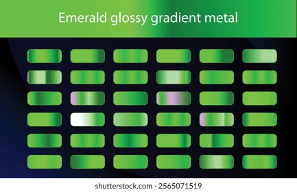 Green, emerald glossy gradient, metal foil texture. Color swatch set. Collection of high quality vector gradients.