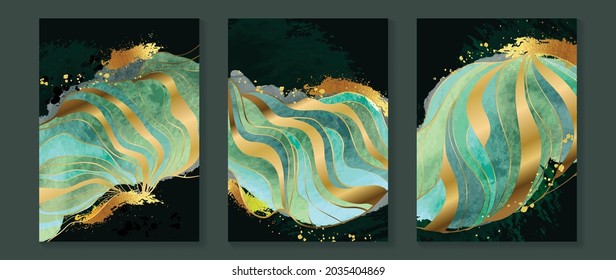 Green and emerald gold background design vector. Geometric arts and watercolor texture for prints, wall arts and home decoration.