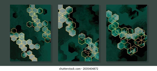 Green and emerald gold background design vector. Geometric arts and watercolor texture for prints, wall arts and home decoration.