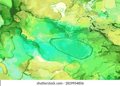 Green, emerald, gold marble abstract background. Alcohol ink oriental technique vector art. Flow paint in natural colors. Luxury template for banner, poster, invitation.