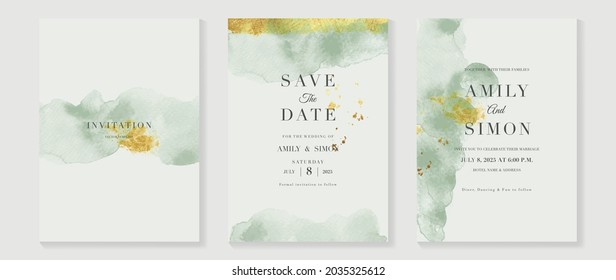 Green Emerald And Gold Texture Watercolor Wedding Invitation Vector Set. Luxury Background And Template Layout Design For Invite Card, Luxury Invitation Card And Cover Template.