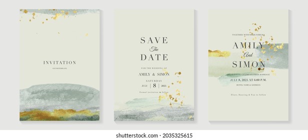 Green emerald and gold texture watercolor wedding invitation vector set. Luxury background and template layout design for invite card, luxury invitation card and cover template.