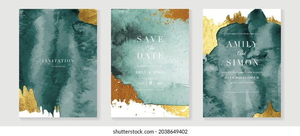 Green emerald and gold texture watercolor wedding invitation vector set. Luxury background and template layout design for invite card, luxury invitation card and cover template.