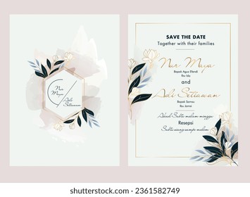Green emerald and gold texture watercolor wedding invitation vector set.luxury invitation card and cover template.