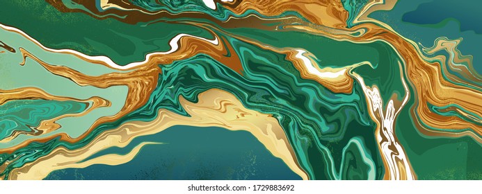 Green emerald marble and gold abstract background texture. jade and Turquoise marbling with natural luxury style swirls of marble and gold powder. 
21:9 Wallpaper design vector.