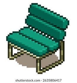 Green emerald mid-century modern chair with gold stand for seat interior of house vector pixel art for game, icon, element, sticker