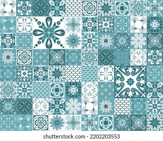 Green emerald mint mediterranean ceramic tiles, spanish portuguese italian style, azulejo talavera vector illustration