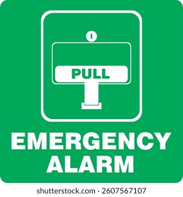 green emergency alarm sign, pull-down mechanism, alarm system to be activated in case of an emergency.