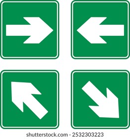 Green Emergency Exit Arrows. Vector Icons. Right, Left, Up, and Down Arrows. Sign Shows Evacuation Direction