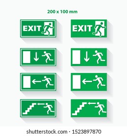 Green emergency exit evacuation sign on white. Corporate office fire exit icon symbol clipart. 200 x 100 mm ready for print. Escape rescue urban vector banners.