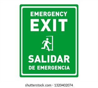 Green emergency exit sign in English and Spanish languages. Spanish safety sign and poster with icon of man running through a doorway.