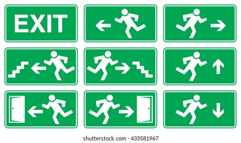 Green Emergency Exit Sign, Icon and Symbol Set