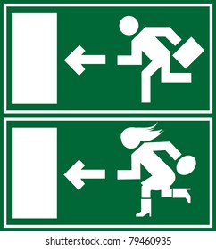 Green emergency exit sign, icon and symbol